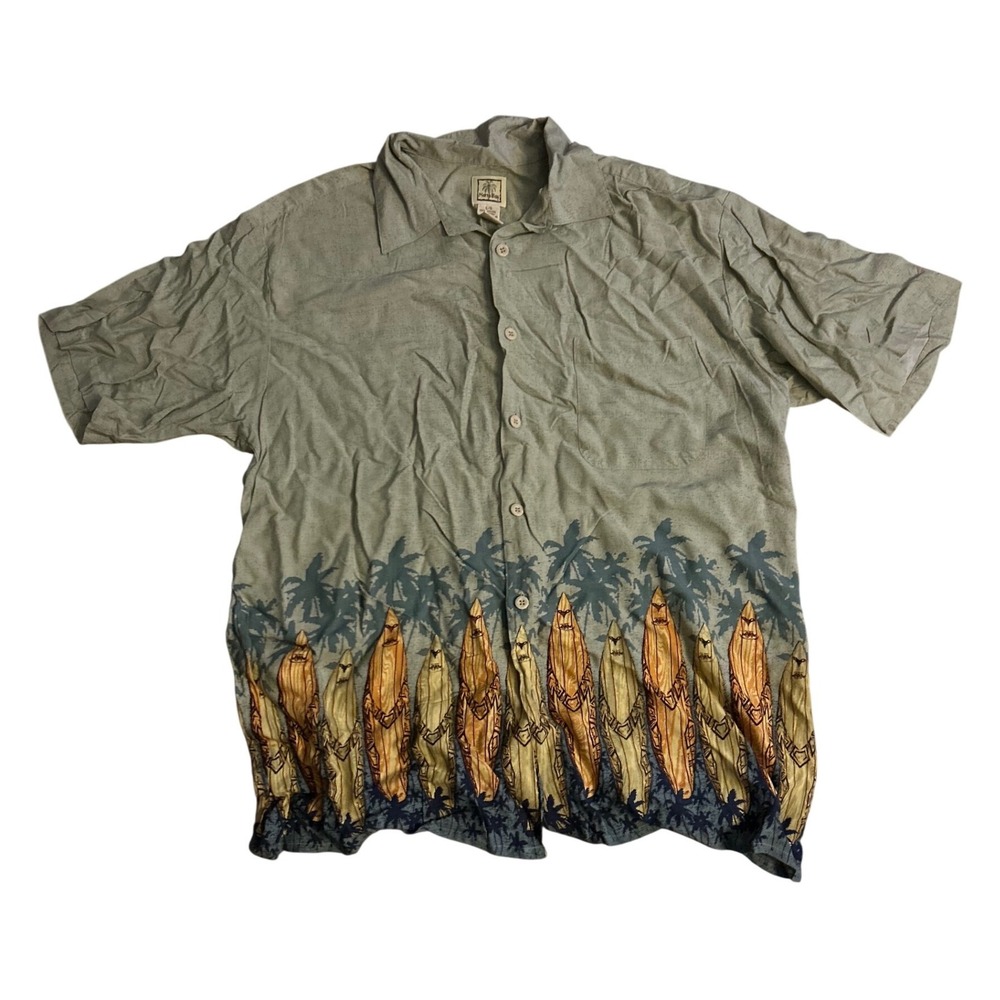 Morro Bay Mens Large Sage Green Rayon Surfboard Palm Tree Aloha Camp Shirt